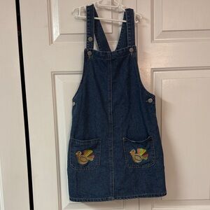 Denim Jumper Dress with Embroidered Pockets